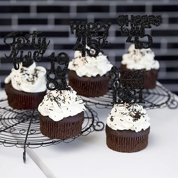 30PCS Black 45th Birthday Cupcake Toppers Glitter Forty Five Happy 45 Straight Outta 1981 Cupcake Picks for Cheers to 45 Years 45th Birthday Anniversary Party Cake Decorations Supplies