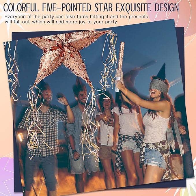 Hanaive Foil Star Piñata with Blindfold and Bat for Birthday Foldable Star Shape Piñata with Stick Festive Fiesta Party Supplies Favors for Mexican Party (Rose Gold)