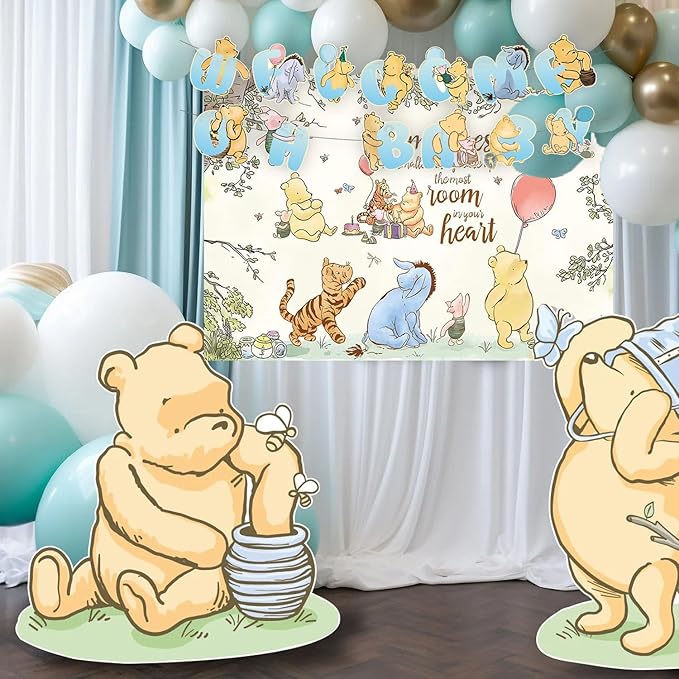 Classic Winnie Baby Shower Decorations Kit, All-in-1 Vintage Winnie Party Supplies Decorations, Classic The Pooh Backdrop Cake Topper, Winnie Baby Tablecloth Honeycomb Decorations for Baby Shower
