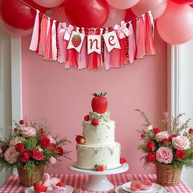 Strawberry One High Chair Banner - Berry Sweet First Birthday Party Decorations,One Red Strawberry Banner,Sweet 1st Birthday Cake Smash Party Supplies,Berry Girl Party Photo Prop (red)