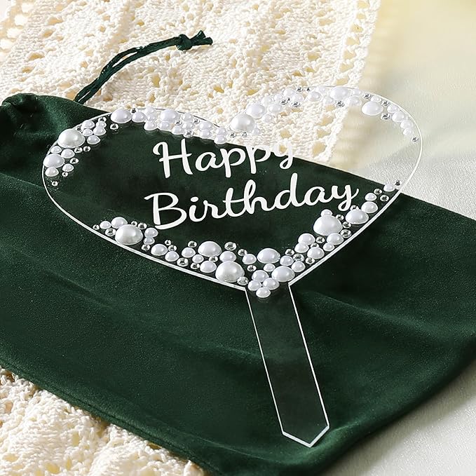 Coucoland Happy Birthday Cake Topper - Heart Acrylic Cake Decor with Sparkling Rhinestones and Pearls for Party Supplies