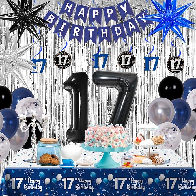 17th Birthday Decorations for Boys and Girls Dark Blue, 17 Birthday Decorations with HAPPY BIRTHDAY Banner 17 Balloon Number Tablecloth Foil Star Balloons Garland Arch Kit-17 Year Old Party Supplies