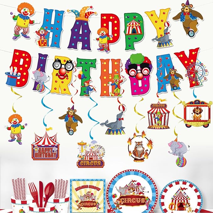 Zwiebeco Colorful Circus Happy Birthday Banner Bunting Hanging Paper Swirls Garland Party Decorations for Funfair Circus Amusement Park Clown Carnivals Themed Kids Bday Decor Accessories Supplies
