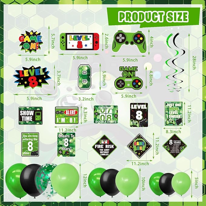 8th Birthday Decorations for Boys, 148Pcs Green Video Game level 8 Party Supplies for Boy 8th Birthday - Backdrop, Banner, Balloons, Tablecloth, Centerpieces, Hanging Swirl, Hat, Wall Signs