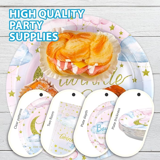 Grencian 96Pcs Twinkle Twinkle Little Star Gender Reveal Party Supplies Plates and Napkins Baby Shower Disposable Tableware for Baby Girls or Boys Gender Reveal Party Decorations Serve 24