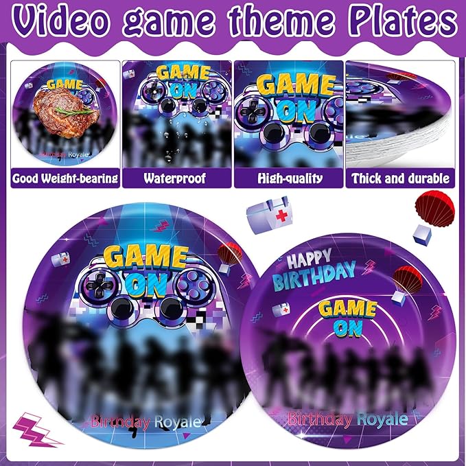 200Pcs Video Game Party Supplies Gaming Party Plates and Napkins Birthday Plates and Napkins for Royale Game Disposable Tableware Set Baby Shower Birthday Decor, 50 Guests
