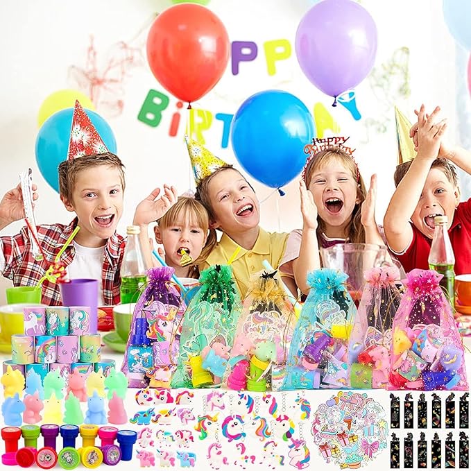 ANPHILE Unicorn Party Favors, 134 Pcs Unicorn Birthday Party Decorations Goodie Bags Keychains Slap Bracelets Stickers Rings Pinata Fillers for Birthday Party