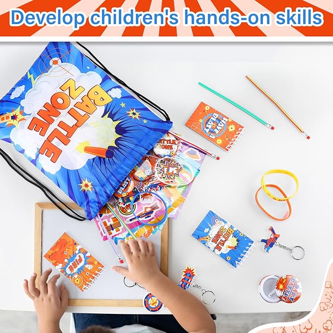 110 Pcs Dart Battle Party Favors Back to School Gifts Includes Dart Party Favor Bags Silicone Wristbands Badges Notebook Keychain Stickers Bendable Pencil for Birthday
