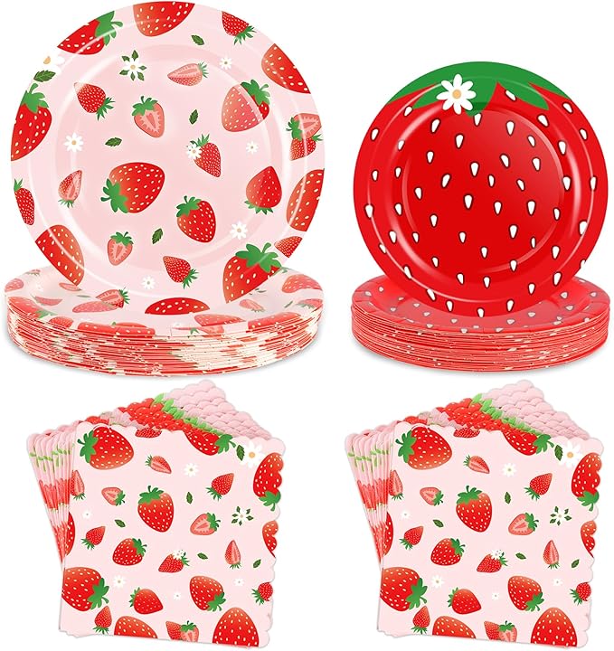 OuMuaMua Strawberry Birthday Decorations, 150 Pcs Disposable Fruit Paper Plates and Napkins Tableware Set for Summer Sweet One 1st Baby Shower Berry First Strawberry Themed Party Supplies, Serves 50