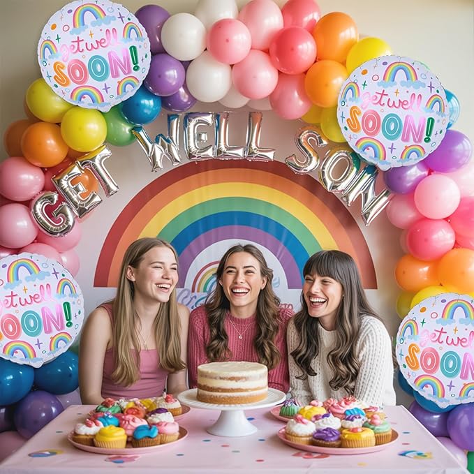 18 Inch Get Well Soon Foil Balloons Set, 4pcs Mylar Round Rainbow Balloon with GET WELL SOON Letter Print Helium Balloons for Kids Adults Hospital Recovery Cheer Up Thinking of You Party Decorations