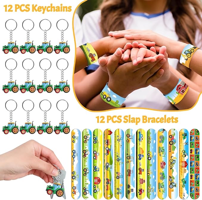 110Pcs Tractor Party Favors for Kids - Farm Birthday Party Decorations and Supplies with Slap Bracelets, Tattoos, Stickers, Keychains & Buttons, Tractor Goodie Bag Fillers for Boys
