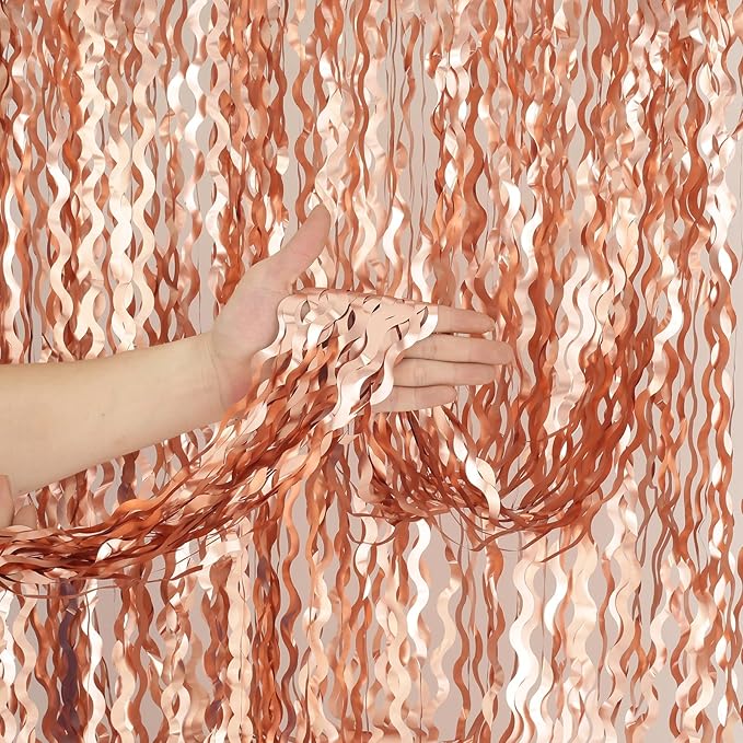 4 Pack Rose Gold Foil Curtain Birthday Decorations - 3.3x6.6ft Wavy Tinsel Foil Backdrop Party Streamer Party Supplies Background | Tinsel Curtain Backdrop for Parties