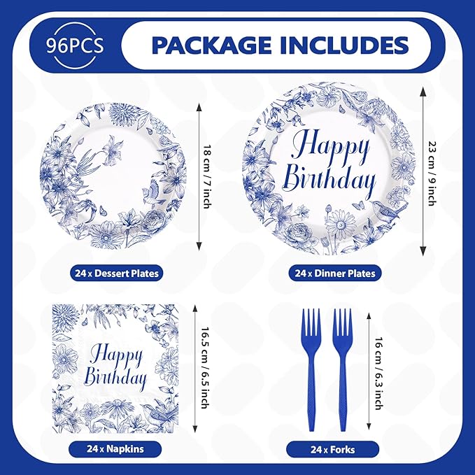 96 Pcs Blue and White Floral Party Supplies Chinoiserie Birthday Plates and Napkins Disposable Elegant Blue Floral Tableware Set for Birthday Baby Shower Party Decorations, Serves 24
