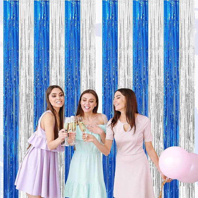 4 Pack Blue and Silver Foil Fringe Curtains Photo Booth Prop Tinsel Streamer Backdrops, Birthday Party Supplies Xmas Holiday Graduation Party Decorations Decor, 3.3x6.6 ft