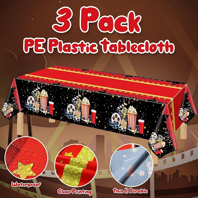 Buryeah 3 Pieces Movie Night Tablecloth Plastic Table Covers Movie Theater Table Cloth for Party Supplies Red Carpet Birthday Party Decor, 54 x 108 Inch