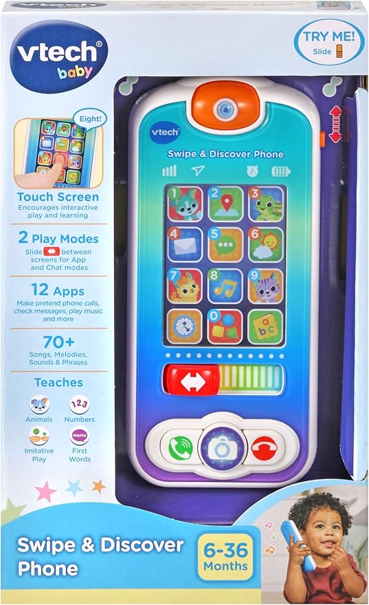 VTech Swipe & Discover Phone, Play Phone for Baby Girls and Boys, Interactive Toy with Lights and Sounds, Mobile Phone Toys for Babies, Learning Toy with Animals, Numbers and More, Ages 6 Months +