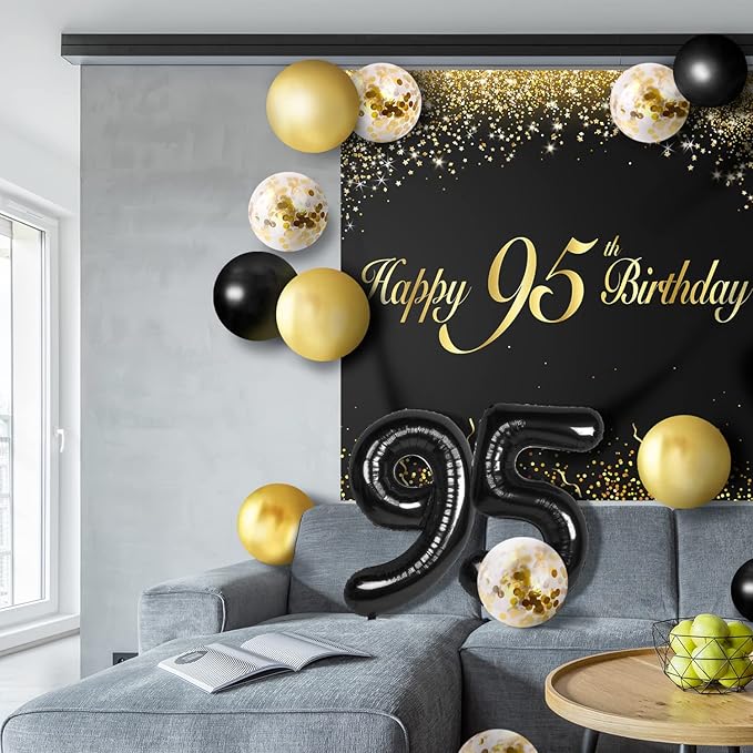 Happy 95th Birthday Balloons Black Set Decor - Cheers to 95 Years Old Party Theme Garland Banner Backdrop Decorations For Women and Men Supplies