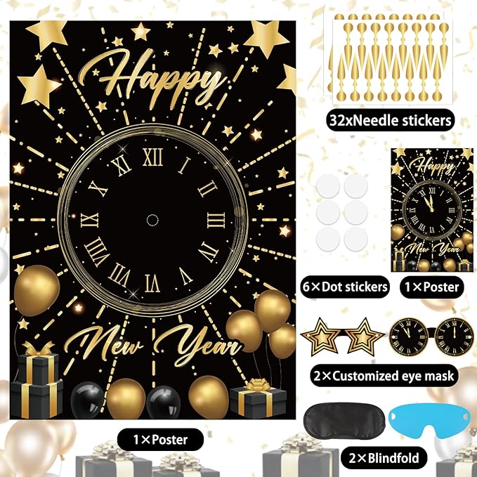 Hooqict New Years Party Games for Kids Family 2026 Pin The New Year’s Eve Games Countdown Clock Holiday Party Activities Supplies, Large Pin The Games Poster with 32 Stickers