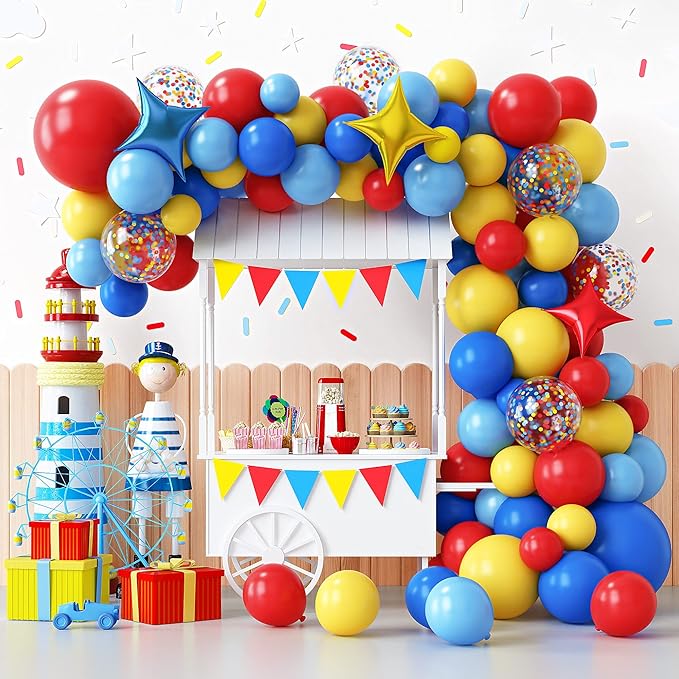 RUBFAC Carnival Circus Balloon Garland Arch Kit, 120pcs Red Blue Yellow Primary Color Balloons Rainbow Multicolor Confetti and Star Foil Balloons for Birthday Party Carnival Theme Decorations