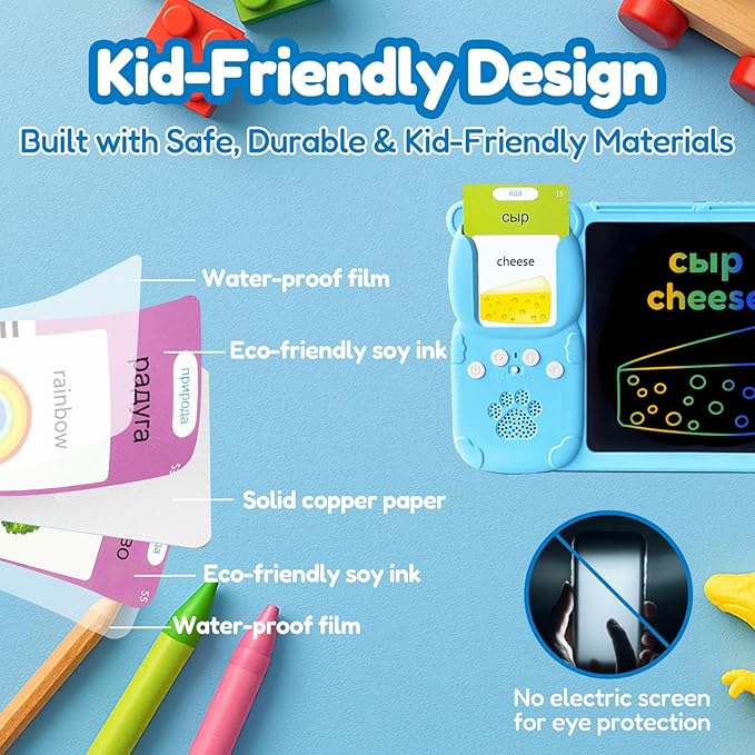 Writing Tablet with Bilingual Flashcards for Kids - Russian English Talking Flash Cards, LCD Writing Pad Board, Pocket Speech for Toddlers, Learning Toy Gift for Boys Girls (Russian, Blue)
