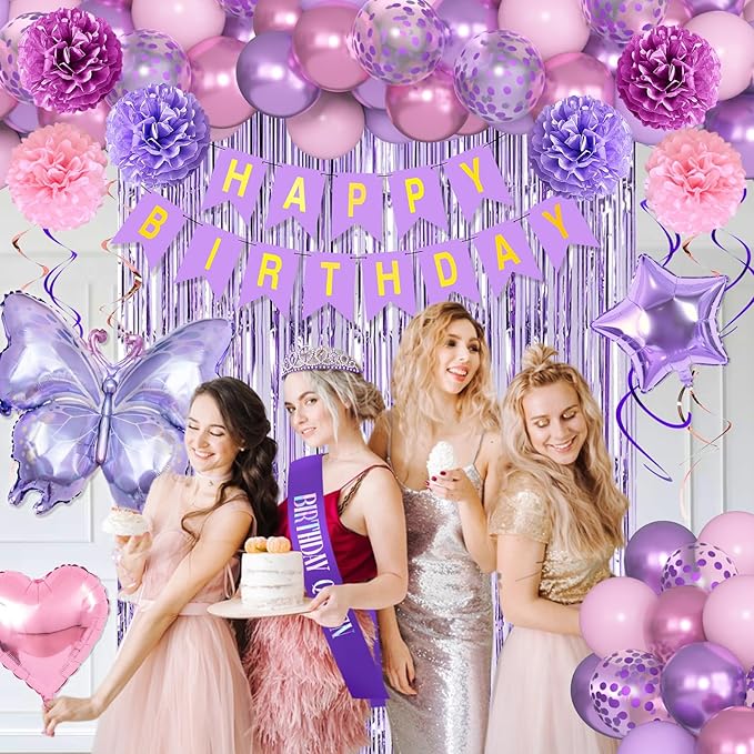 Ouddy Life Purple Pink Birthday Party Decorations for Women Girls, Butterfly Heart Foil Confetti Balloons Happy Birthday Banner Fringe Curtains Hanging Swirls Sash Crown Paper Poms Decor