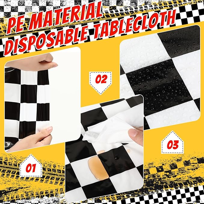 Breling 4 Packs Car Birthday Party Decorations Plastic Car Table Cloth Two Fast Disposable Race Road Checkered Party Supplies Race Theme Party Favors for Birthday, 54 x 108 Inch