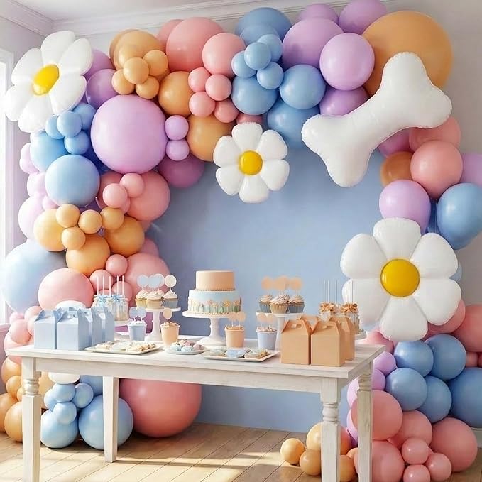 107Pcs Pastel Puppy Birthday Decorations for Girls, Macaron Pink Purple Blue Balloon Garland Arch Kit with Daisy Flower and Dog Bone Foil Balloons for Kids Pets Theme Party, Baby Shower Supplies