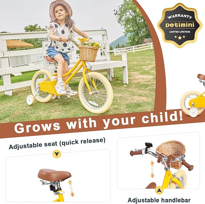 Petimini Vintage Kids Bike for Girls, 12–20 Inch Classic Bicycle with Wicker Basket & Bell, High Tensile Steel Frame, Training Wheels (12–18”), 85% Pre-Assembled, Retro Bike for Outdoor Riding