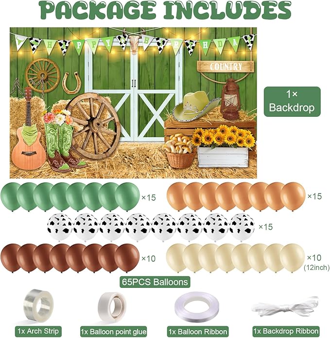 Cowgirl Birthday Party Supplies Western Party Decorations Includes 65pcs Cowgirl Balloons and 1pcs Western Backdrop for Cowboy Rodeo Birthday Country Decorations Supplies(Green)