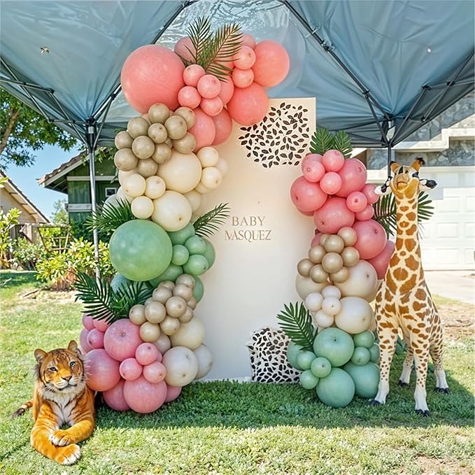 Pink Jungle Safari Balloons, 60PCS Sage Green Pastel Pink Gold Balloon, Light Pink Cream Beige Balloon with Animal Print for Girls Birthday Baby Shower Wild One Giraffe Party Decorations Supplies