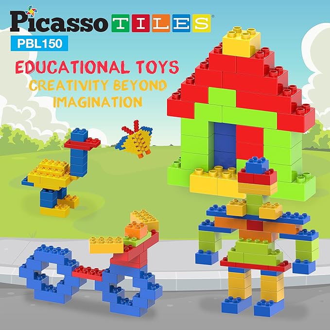 PicassoTiles 150 Piece Large Construction Brick Building Blocks STEM Bricks Toy Set Creative Learning Early Education Playset 5 Colors 4 Unique Shapes Mix & Match Toys for Kids Boys Girls Child Age 3+