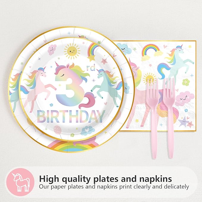 96 Pcs Magical Pastel Unicorn 3rd Birthday Party Supplies Young Wild and Three Plates and Napkins Disposable Rainbow Unicorn Tableware Set for Girls 3 Years Old Birthday Party Decorations Serves 24