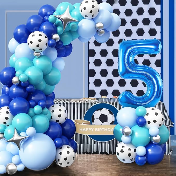 Soccer 5th Birthday Decorations for Boys, Royal Blue Teal Light Blue Balloon Garland Arch Kit with 40 Inch Blue Number 5 Balloon, Soccer 5th Birthday Balloons Arch for Kids Football Theme Club Party