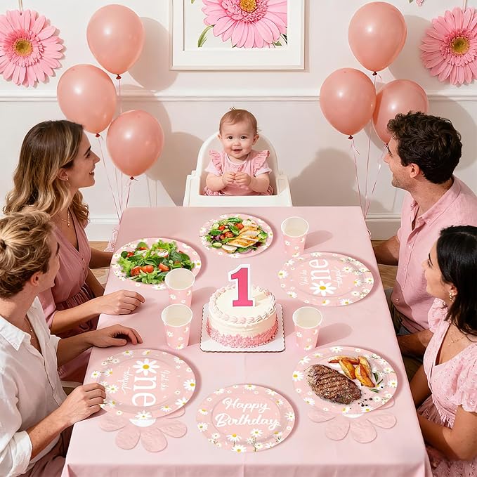 168Pcs Daisy 1st Birthday Party Decoration Isn't She Onederful Birthday Plates Napkins Cups Forks Knives Spoons Pink Daisy Flower Paper Tableware for Girls Groovy One Year Old Party Supplies Serves 24