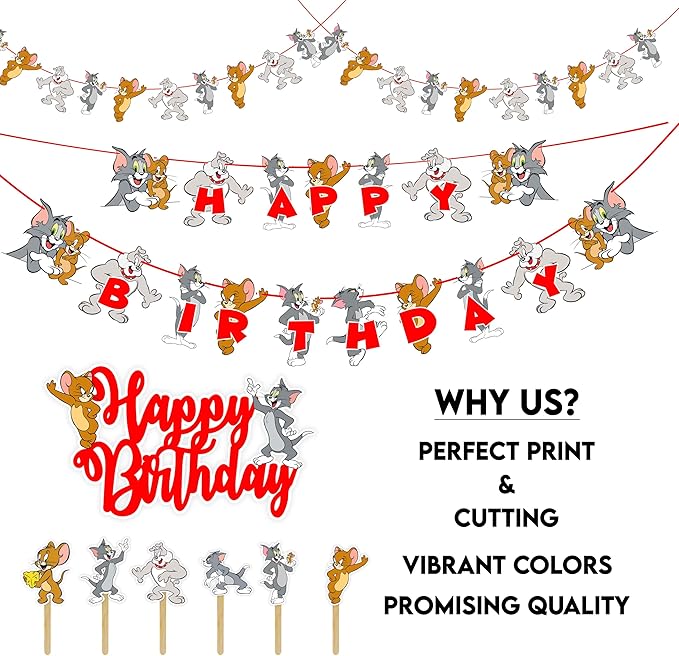 "Tom & Jery Theme Birthday Party Supplies – Cartoon Character – Complete Birthday Decoration Set with Banner, Cake Topper, Cupcake Toppers and Party Accessories for Boys & Girls"