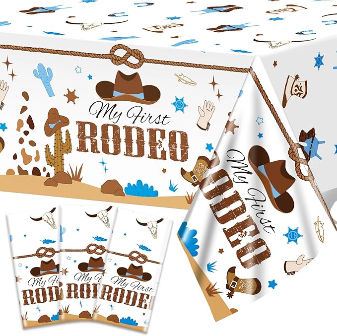 gisgfim 3 Pcs My First Rodeo Birthday Party Supplies Western 1st Rodeo Party Tablecloths Blue Cowboy Table Cover Decorations for Boy Baby Shower