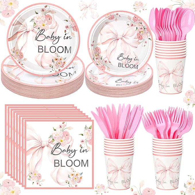 24 Set Baby in Bloom Wildflower Floral Party Tableware Set for Baby Shower Girl Birthday Decorations Coquette Pink Girl Bow 9" 7" Paper Plates Cups Napkins Party Supplies Dinnerware