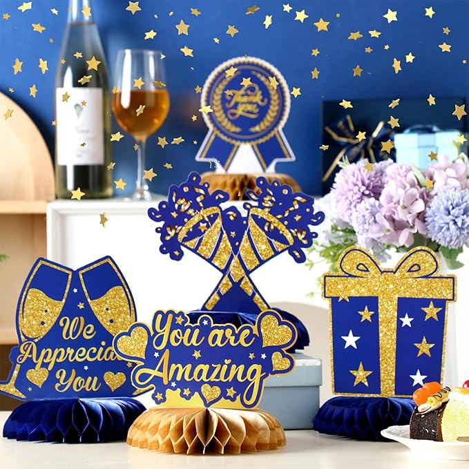 12 Pcs Thank You Decorations Honeycomb Centerpiece Employee Appreciation Decor We Appreciate You Table Decorations Thank Table Topper for Doctor Employee Party Supplies(Gold and Blue)