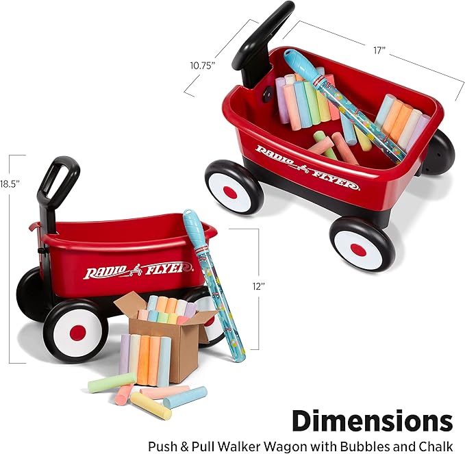 Radio Flyer Push & Pull Walker Wagon with Bubbles and Chalk, Red, for Kids 1-4 Years Old, Locking Handle for Stability, Baby Push Walker Converts to Pull Wagon, for Indoor & Outdoor Play