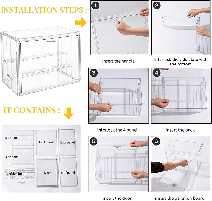 Attelite Clear Acrylic Display Case,3 Tier Display Shelf with 2 Movable Plate, Stackable Protection Showcase for Action Figures, Display Storage Box Countertop with Magnetic Door