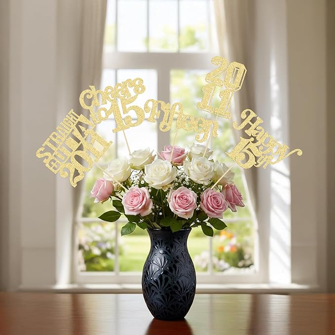 Gyufise 15Pcs Happy 15th Birthday Centerpiece Sticks Fifteen Straight Outta 2011 Table Flower Centerpieces Sticks for Cheers to 15th Birthday Party Supplies Gold