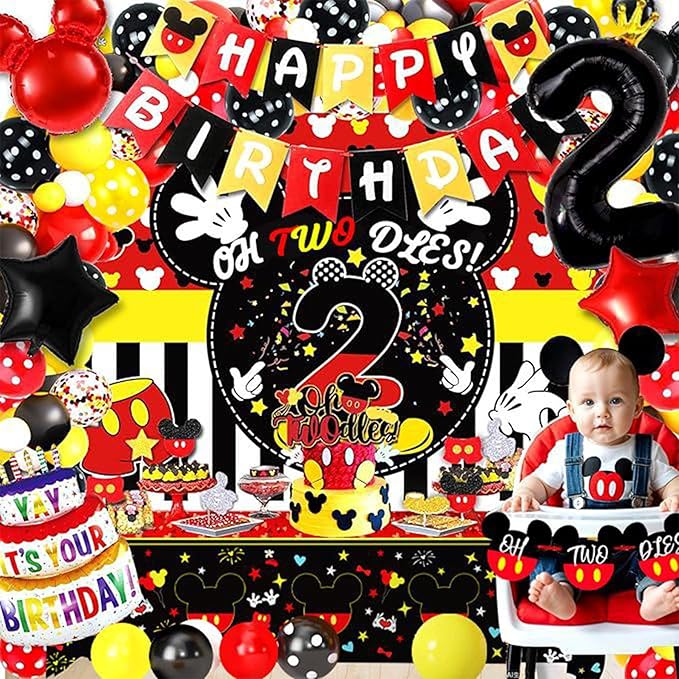 132pcs Oh Twodles Birthday Party Supplies Boy, Red Mouse 2nd Birthday Decorations Supplies, Balloons Arch Banner Backdrop Tablecover Cake Topper for Black Mouse Themed Boy 2 Years Old Birth Party
