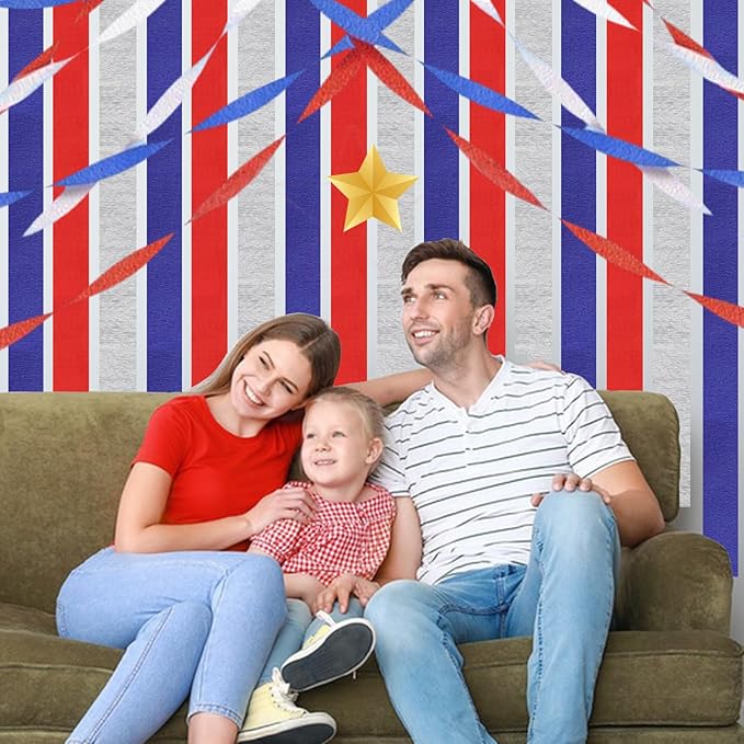 Crepe Paper Streamers 6 Rolls 492 ft,Blue Red Silver Streamer American Party Decorations,for Birthday Decorations,Rainbow DIY, Boy's Birthday Decoration American Theme Party