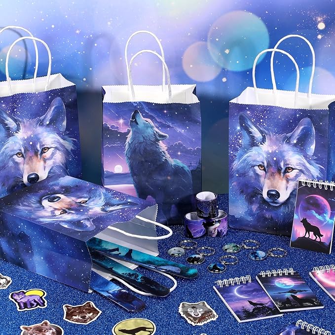 Abbylike 48 Pcs Wolf Party Favors Party Decor Birthday Supply Wolf Paper Bag Gift Mini Notebook Keychain Slap Bracelet Sticker for Baby Shower Holiday