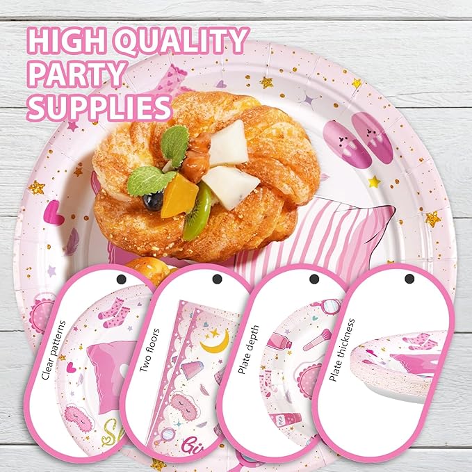 96Pcs Sleepover Party Supplies for Girls Pink Pajama Pillow Fight Plates and Napkins Disposable Slumber Spa Makeup Tableware Set for Girls Ladies Night Birthday Bachelorette Party Decorations Serves24