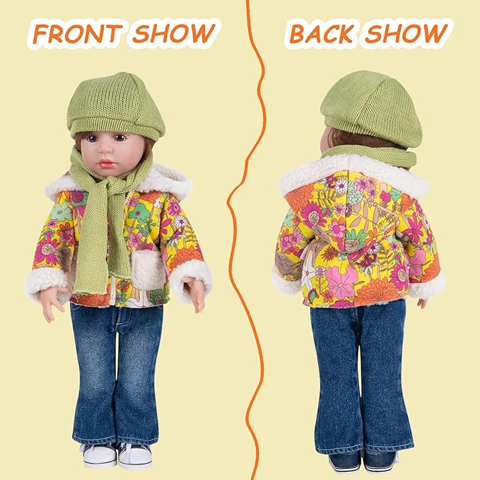 Doll Clothes Set 5 Pc. Set Includes Colorful Yellow Coat, Green Scarf and Hat, Blue Jeans & White T-Shirt Baby Doll Clothes Suit and Accessories (Doll & Shoes Not Included)