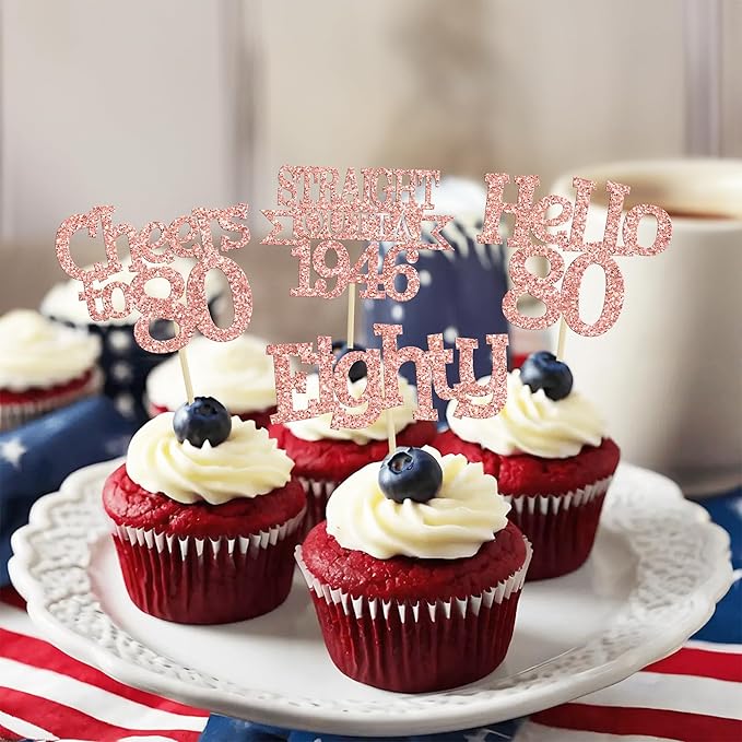 Ephlyn 24Pcs Happy 80th Birthday Cupcake Toppers Glitter Straight Outta 1946 Cupcake Picks Hello 80 Cheers to 80 Years Birthday Cake Decorations for 80th Birthday Anniversary Party Supplies Rose Gold