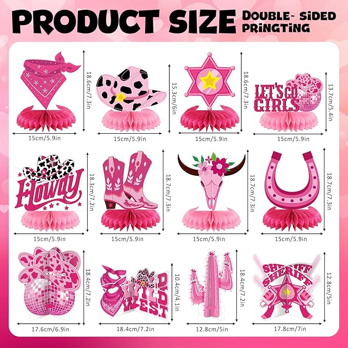 12 Pcs Western Cowgirl birthday Party Decorations Honeycomb Centerpieces Western Let's Go Girls Table Decoration Pink Disco Cowgirl Table Topper for Bachelorette Party Favors Supplies