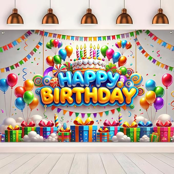 Happy Birthday Banner Decrations Colorful Backdrop Balloons Confetti Cake Background Decoration 84x60 Inch for Kids Boys Girls Photo Booth Party Supplies for Girls or Boys Gifts