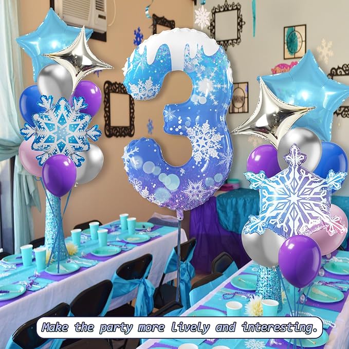 40 Inch Frozen Balloons number 3 Birthday Balloon,2 Giant snowflake foil balloons, 2 blue and silver star foil balloons Frozen Theme Party Supplies Winter Party Decoration For Girl's Birthday